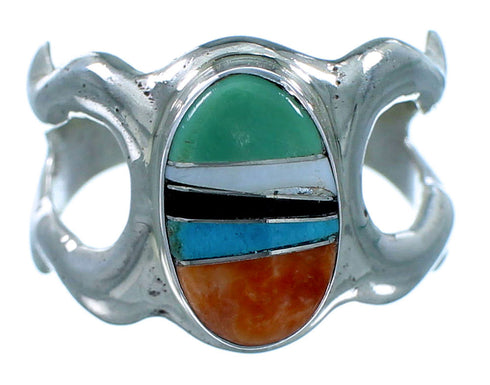 Authentic Sterling Silver And Multicolor Inlay Navajo Ring Size 8-1/4 SX107892