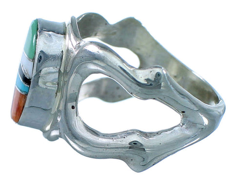 Authentic Sterling Silver And Multicolor Inlay Navajo Ring Size 8-1/4 SX107892