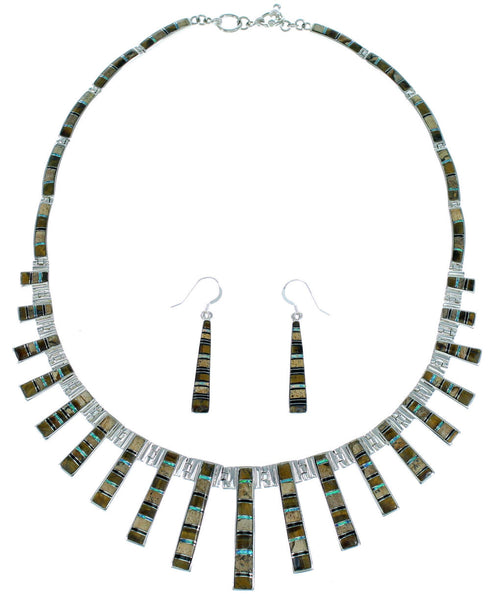 Silver Multicolor Inlay Southwest Link Necklace And Earrings PX37192