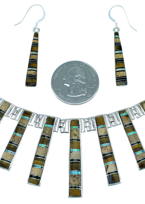 Silver Multicolor Inlay Southwest Link Necklace And Earrings PX37192