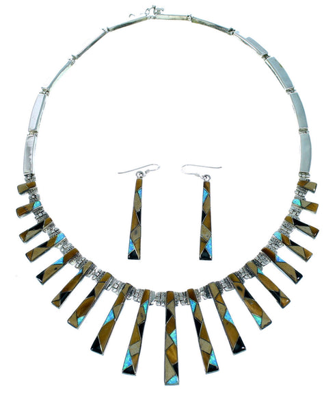 Sterling Silver Multicolor Inlay Link Necklace Earrings Set GS75301