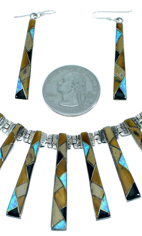 Sterling Silver Multicolor Inlay Link Necklace Earrings Set GS75301