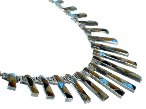 Sterling Silver Multicolor Inlay Link Necklace Earrings Set GS75301