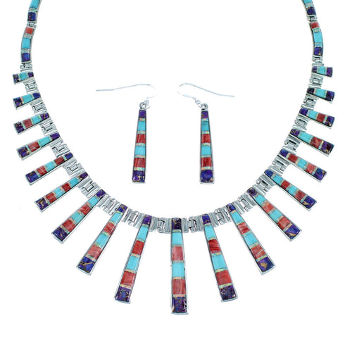 Genuine Silver Multicolor Southwest Earrings Link Necklace PX38010