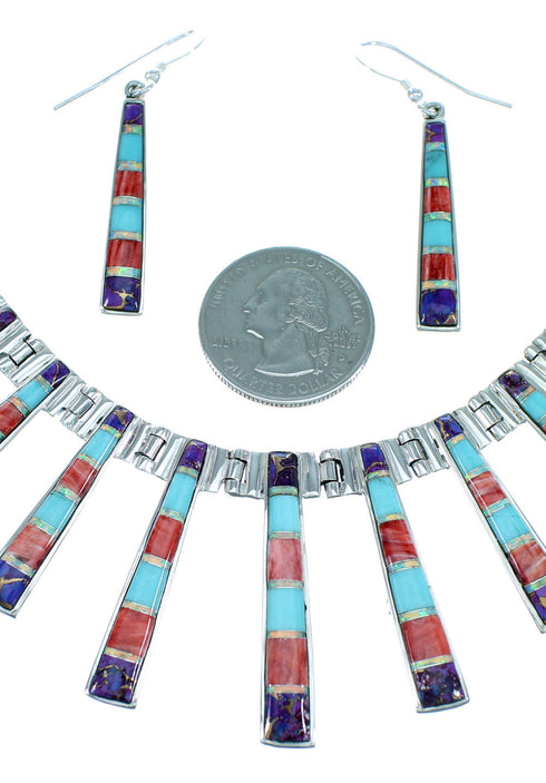 Genuine Silver Multicolor Southwest Earrings Link Necklace PX38010