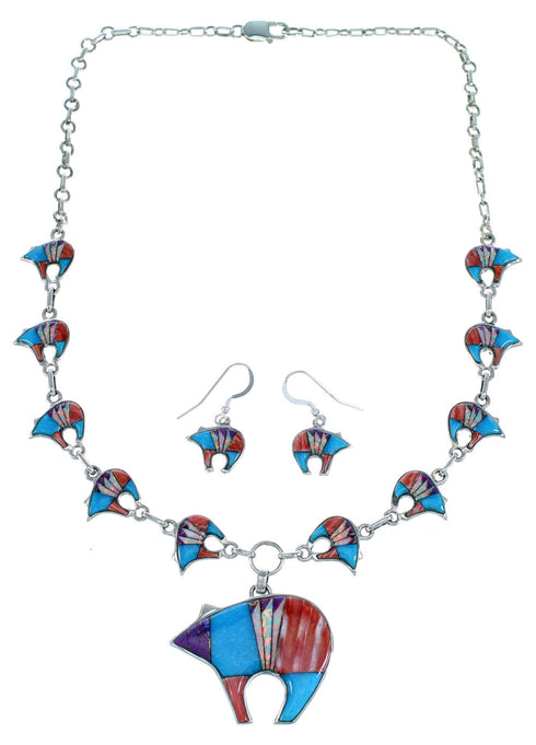 Multicolor Sterling Silver Bear Link Necklace Earrings Set PX35826