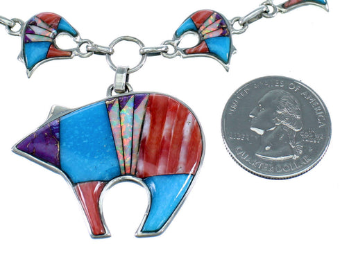 Multicolor Sterling Silver Bear Link Necklace Earrings Set PX35826