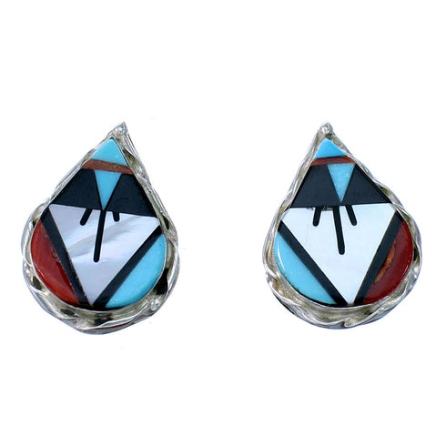 Zuni Multicolor Inlay Tear Drop Sterling Silver Post Earrings SX108311