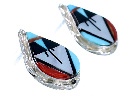 Zuni Multicolor Inlay Tear Drop Sterling Silver Post Earrings SX108311