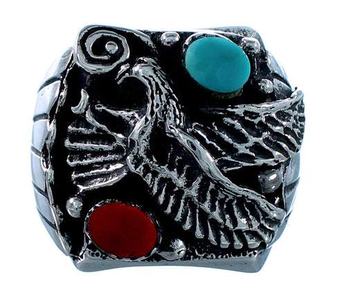 Turquoise And Coral Eagle Sterling Silver Southwest Ring Size 12-1/4 SX108625