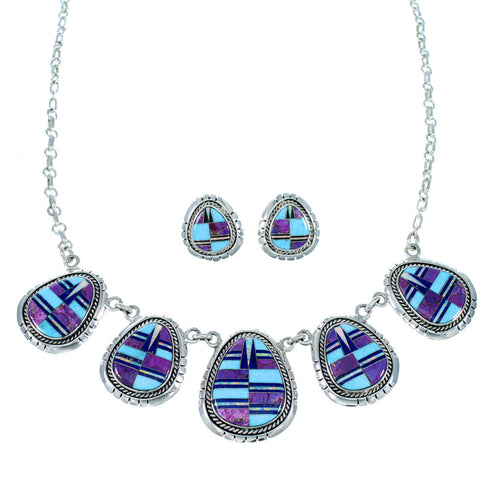 Southwestern Sterling Silver Multicolor Link Necklace Earrings PX36817