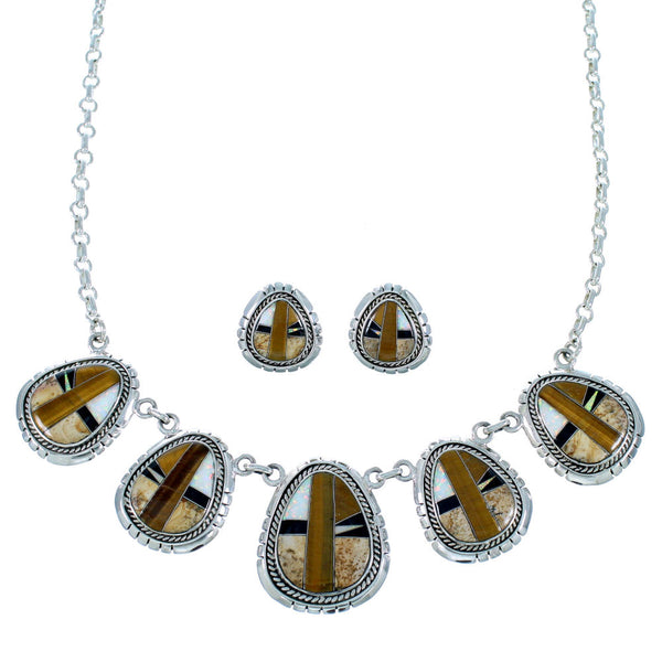 Silver Tiger Eye Multicolor Link Necklace Earrings Jewelry Set HS28545