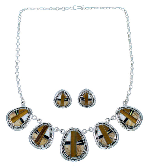 Silver Tiger Eye Multicolor Link Necklace Earrings Jewelry Set HS28545