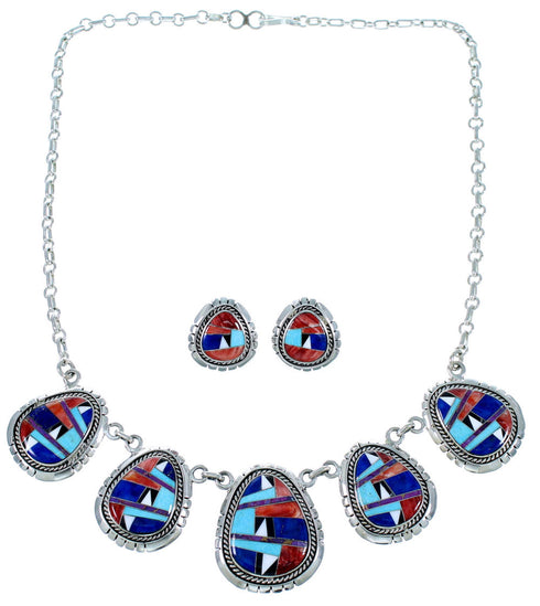 Southwest Jewelry Multicolor Inlay Link Necklace Earrings Set PX36799