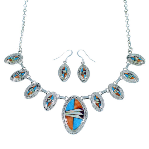 Genuine Sterling Silver Multicolor Inlay Link Necklace Set PX37209