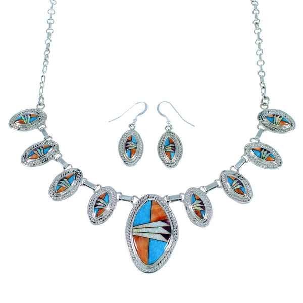 Genuine Sterling Silver Multicolor Inlay Link Necklace Set PX37209