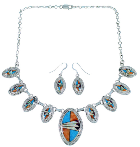 Genuine Sterling Silver Multicolor Inlay Link Necklace Set PX37209