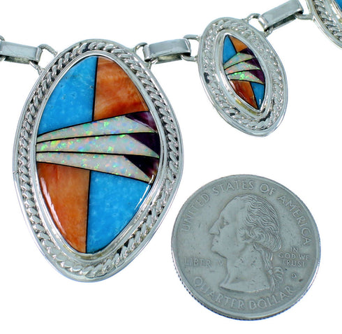 Genuine Sterling Silver Multicolor Inlay Link Necklace Set PX37209