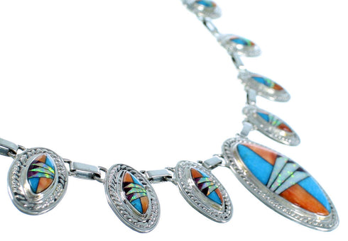 Genuine Sterling Silver Multicolor Inlay Link Necklace Set PX37209
