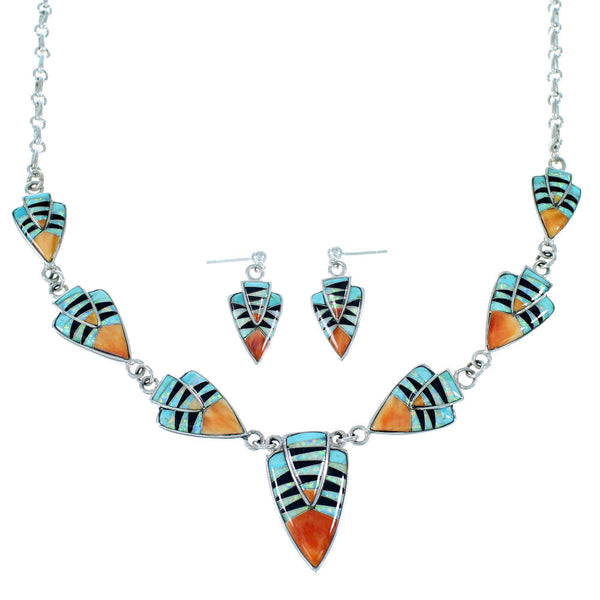Sterling Silver Multicolor Link Necklace Earrings Jewelry Set RS34213