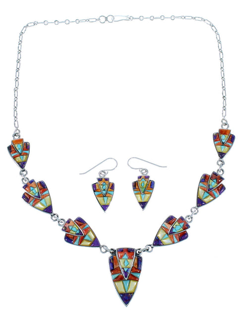 Multicolor Inlay Jewelry Silver Earrings Link Necklace Set PX36964