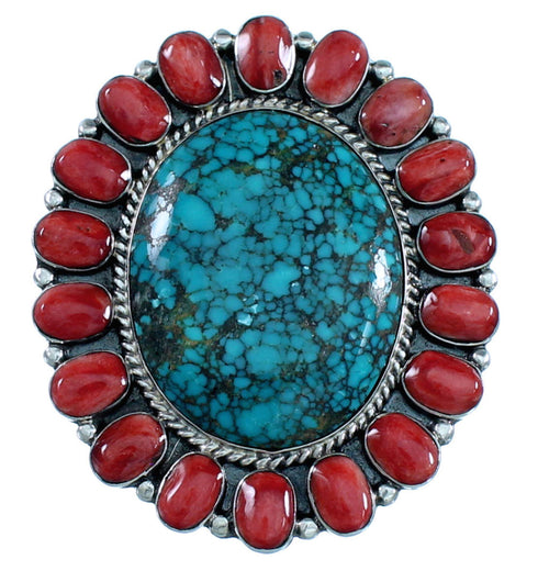 Red Oyster Shell And Turquoise Sterling Silver Ring Size 5-3/4 RS35880