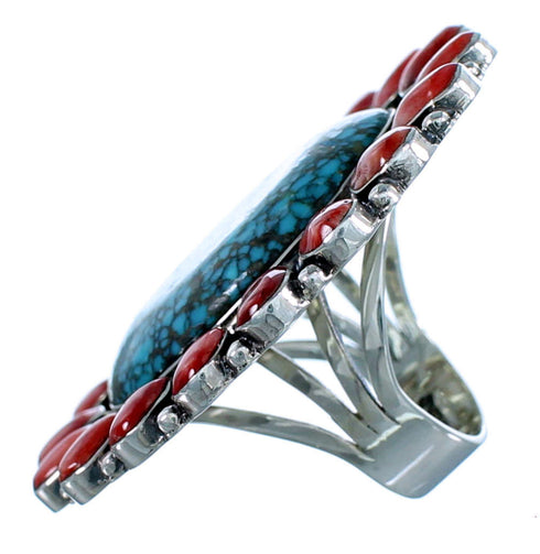 Red Oyster Shell And Turquoise Sterling Silver Ring Size 5-3/4 RS35880
