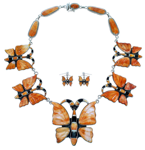 Multicolor Inlay Sterling Silver Butterfly Link Necklace Set PX37370