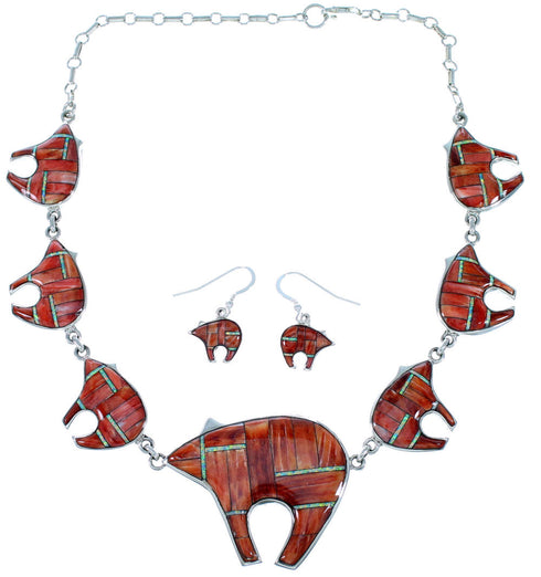 Red Oyster Shell Opal Inlay Bear Link Necklace Earrings Set PX37338
