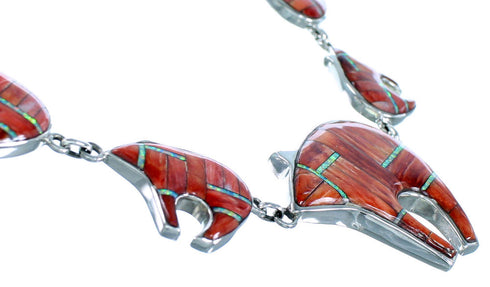 Red Oyster Shell Opal Inlay Bear Link Necklace Earrings Set PX37338