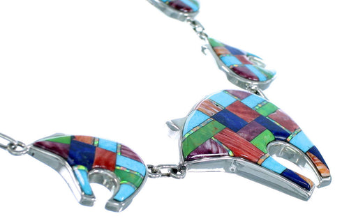 Southwestern Bear Multicolor Silver Link Necklace And Earrings PX37358