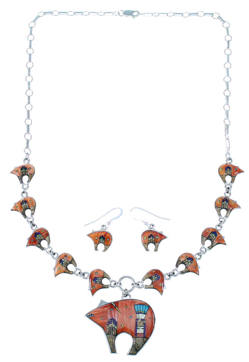 Silver Multicolor Bear Mesa Design Link Necklace Earrings PX36750