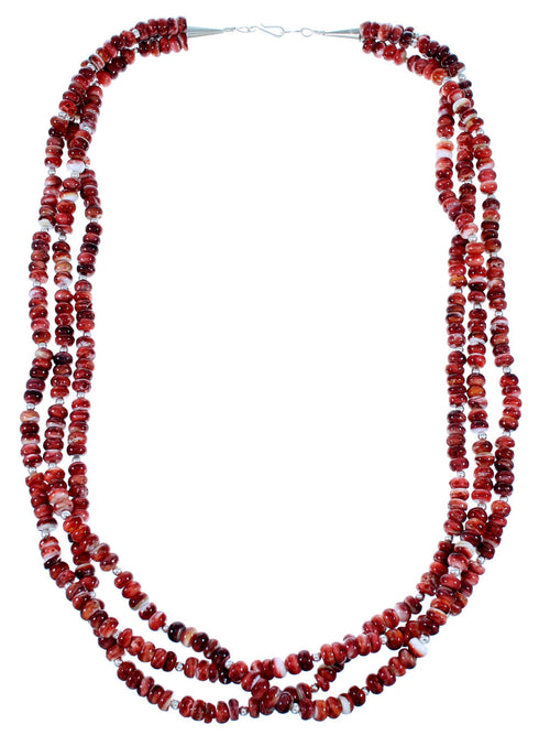 Navajo Sterling Silver Red Oyster Shell 3-Strand Bead Necklace RX108651