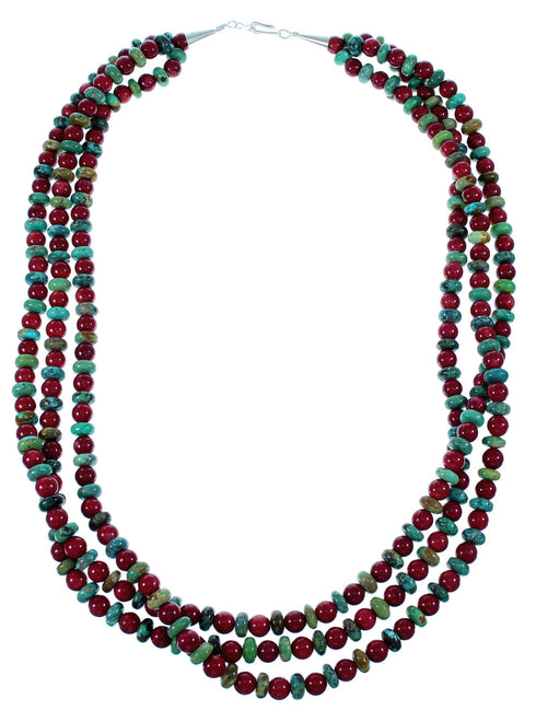 Navajo Turquoise And Coral 3-Strand Sterling Silver Bead Necklace SX108660