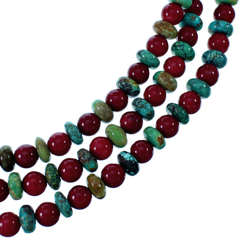 Navajo Turquoise And Coral 3-Strand Sterling Silver Bead Necklace SX108660