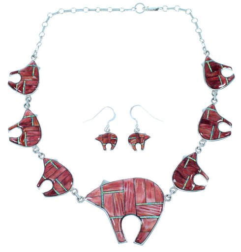 Red Oyster Shell Opal Jewelry Silver Bear Link Necklace Set HS24779