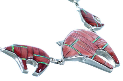 Red Oyster Shell Opal Jewelry Silver Bear Link Necklace Set HS24779