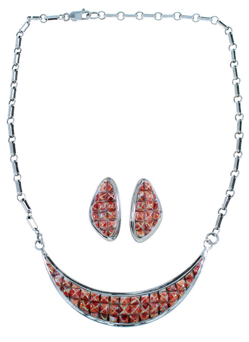 Red Oyster Shell And Opal Inlay Necklace Earring Jewelry Set RS53657
