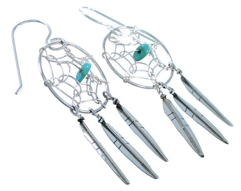 Navajo Sterling Silver Turquoise Dream Catcher Feather Hook Dangle Earrings SX109307