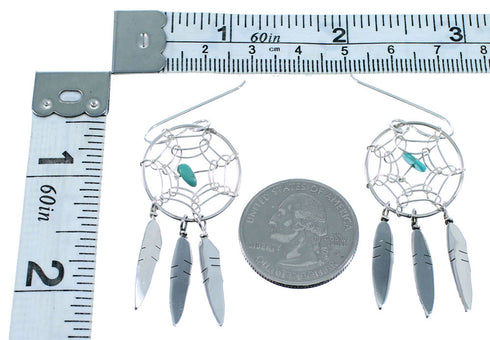 Navajo Sterling Silver Turquoise Dream Catcher Feather Hook Dangle Earrings SX109307