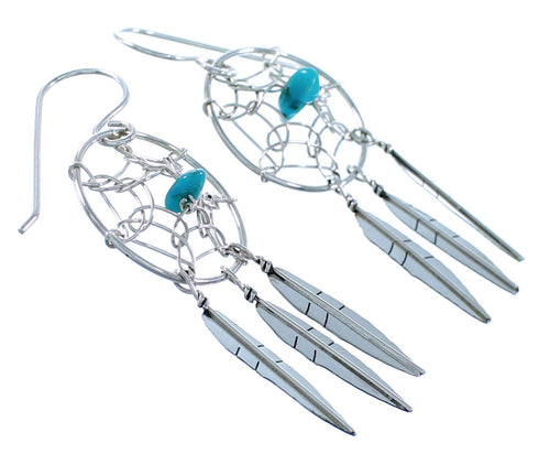 Genuine Sterling Silver Dream Catcher Feather Navajo Turquoise Hook Dangle Earrings SX109310