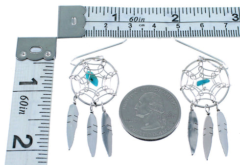 Genuine Sterling Silver Dream Catcher Feather Navajo Turquoise Hook Dangle Earrings SX109310