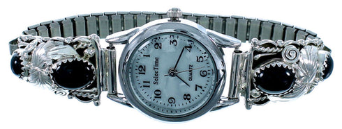 Onyx Scalloped Leaf Navajo Sterling Silver Watch SX109359