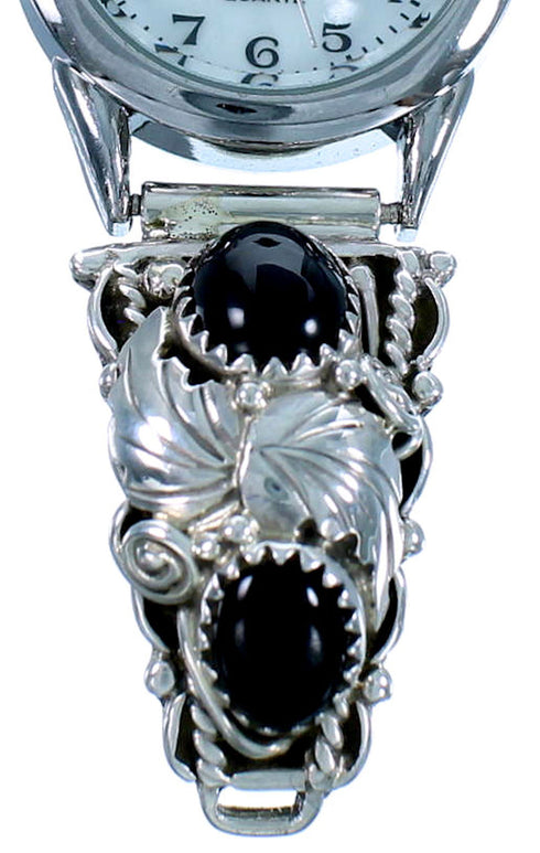 Onyx Scalloped Leaf Navajo Sterling Silver Watch SX109359