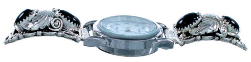 Onyx Scalloped Leaf Navajo Sterling Silver Watch SX109359