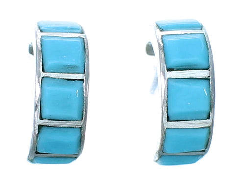 Authentic Sterling Silver And Turquoise Inlay Zuni Post Hoop Earrings SX110069