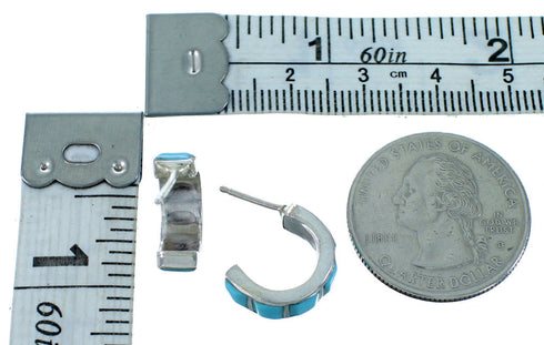 Authentic Sterling Silver And Turquoise Inlay Zuni Post Hoop Earrings SX110069