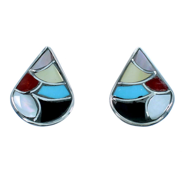 Genuine Sterling Silver Multicolor Inlay Tear Drop Zuni Post Earrings RX109810