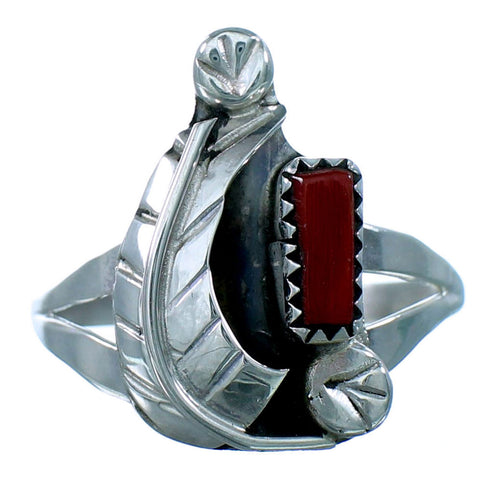 Zuni Coral And Sterling Silver Leaf Ring Size 6-1/2 RX113385