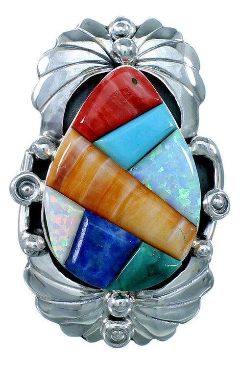 Genuine Sterling Silver Native American Multicolor Cobble Inlay Ring Size 8-3/4 RX110886
